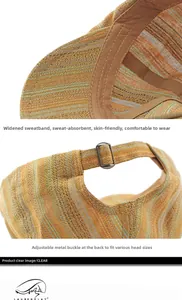 Détail du béret tissé rayé montrant le tissu respirant, le bandeau et la boucle en métal