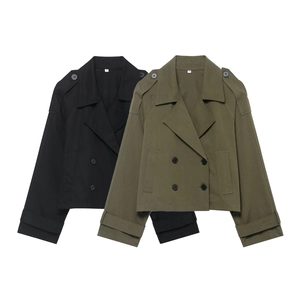 Women Short Trench Coat Double Breasted Polyester Jacket Casual Long Sleeve Lapel With Shoulder Straps Fashion