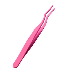 Precision pink plastic eyelash tweezers for professional beauty makeup tools on white backdrop