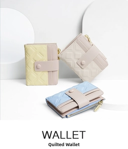 Detail of PU leather wallets featuring quilted stitching and multi-card slots in pastel colors