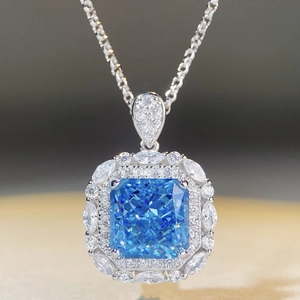 S925 sterling silver necklace with square aquamarine pendant and pavé diamond halo