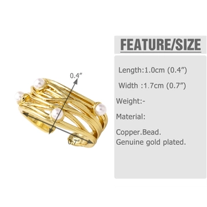 Detailed dimensions of the 18k gold plated copper ring with pearls and adjustable band
