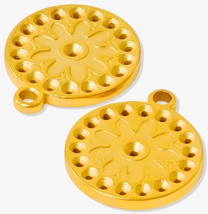 Macro shot of 304 stainless steel round pendants with floral embossing in golden finish