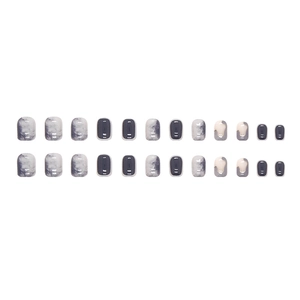 Winter glacier blue gradient press-on nails with grey marble texture and creamy white accents