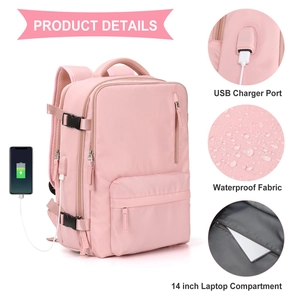 Pink travel backpack showing USB port, waterproof fabric, and 14 inch laptop compartment