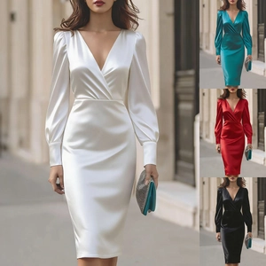 Robe Midi Élégante en Satin Col en V Manches Longues pour Femmes Couleur Unie Coupe Ajustée Bodycon Soirée Mariage Robe d'Invité