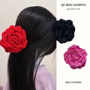 Three-color floral hair claw clip set featuring elegant rose designs in red, black and pink