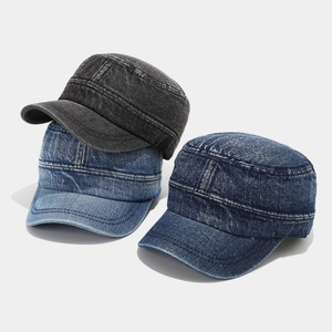 Three vintage washed denim cadet caps in charcoal, light blue, and dark blue colors