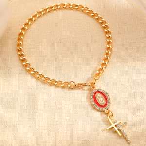 Bracelet chaîne dorée rétro avec pendentif Madone rouge et croix en strass chic