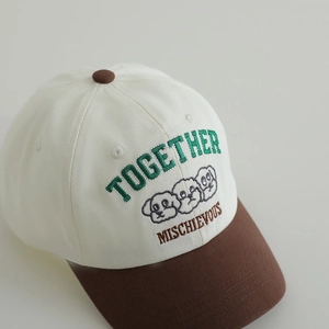 Child's two-tone baseball cap with dog embroidery and TOGETHER lettering in cream and brown