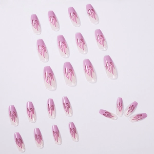 Pink gradient long coffin press-on nails with hot pink flame art patterns 24-piece set