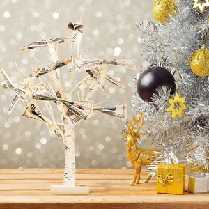 Macro shot of white birch tree branches holding ten dollar bills with festive background