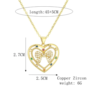 Detailed view of heart pendant necklace with dimensions 2.7x2.5cm and zircon bow design