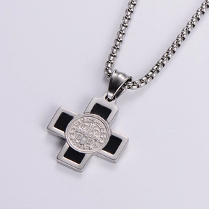 Silver stainless steel cross necklace with black inlay and Saint Benedict medal