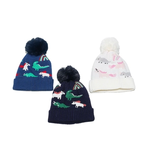 Winter knit hats for kids with pom-pom and dinosaur unicorn cartoon patterns