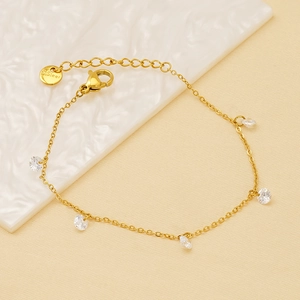 Dainty Cubic Zirconia Bracelet For Women 18K Gold Plated Stainless Steel Round Clear Stone Adjustable Minimalist Jewelry