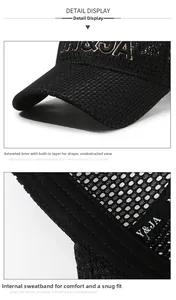 Detailed macro view showing breathable mesh fabric and moisture-wicking inner sweatband of the cap
