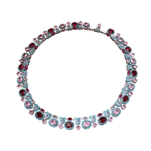 Collana vintage con pietre di zircone colorate in rosso, rosa e turchese in argento