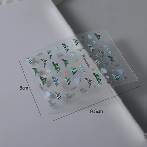 Detail showing frosted green mountain nail stickers and dimensions 8cm by 9.5cm
