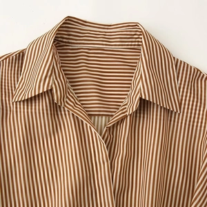 Women's casual striped shirt dress featuring a classic collar and brown vertical stripes