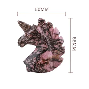 Amethyst unicorn statue crafted from natural pink rhodonite crystal gemstone