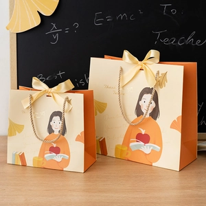 Elegant teacher appreciation gift bags with girl illustration and yellow bow ribbons