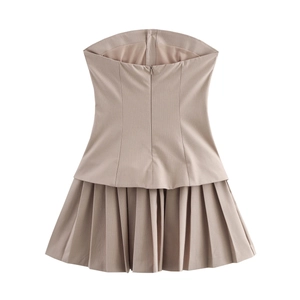 Preppy khaki pinstripe strapless top and pleated mini skirt set shown from the back