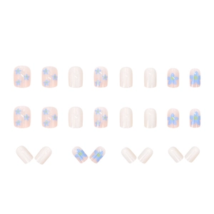 Short round blue floral press-on nails set with creamy white base 24pcs pack