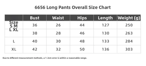 Detailed size chart for zip-up athletic jumpsuit showing bust waist and length metrics