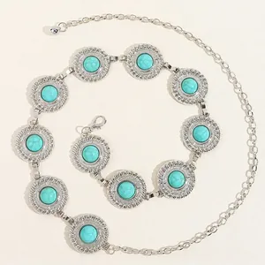 Vintage metal waist chain with turquoise round pendants for bohemian dresses