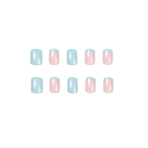 Short square press-on nails with light blue French tips and solid glossy finish