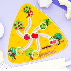 Wooden fruit sliding track maze puzzle toy with triangle base for early learning