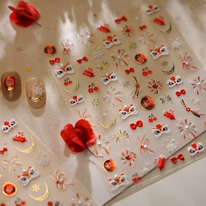 3D embossed nail art stickers with festive lion dance, fireworks and red bow designs