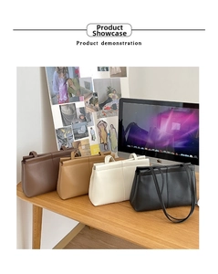 Minimalist leather tote bag collection in black, brown, and beige for commuting