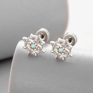Star-shaped silver cartilage earrings with micro-inlaid zircons and opal center stone
