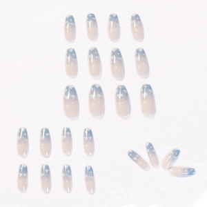 Blue and white gradient press-on nails with fluffy cloud and star patterns