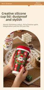 Close-up of a festive Christmas ceramic mug with a red silicone lid and reindeer pattern
