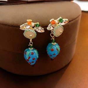 Blue Strawberry Drop Earrings With 925 Sterling Silver Earring Post Alloy Rhinestone Vintage Style Jewelry For Women