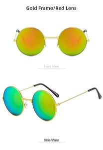 Macro view of retro round sunglasses with gold metal frame and colorful reflective lenses