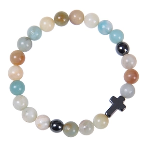 Detailed close-up of 8mm natural stone beads bracelet with a black cross pendant detail