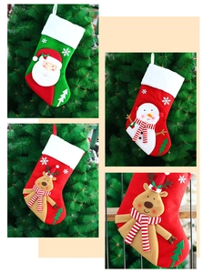 Detail of Christmas stockings with Santa, snowman and reindeer 3D plush embroidery