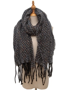 Close-up of multicolored tweed knit scarf with fringe tassels in grey and blue tones