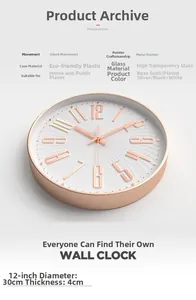 Detail view of 12-inch rose gold wall clock with silent movement and 3D numerals
