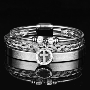 3-piece stainless steel bracelet set with cross pendant and Spanish Lord's Prayer engraving