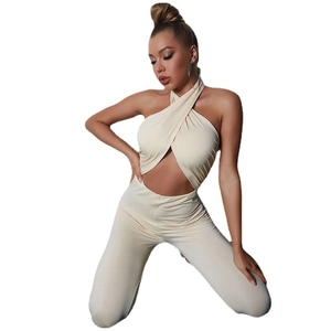 Halter Neck Cutout Jumpsuit Milk Satin Elastic Cross Backless Bodycon Slim Fit Sexy High Waist Elegant Women Romper