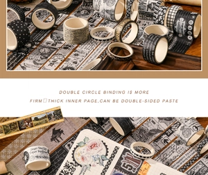 Close-up of vintage washi tape set with retro patterns for scrapbooking and DIY journals