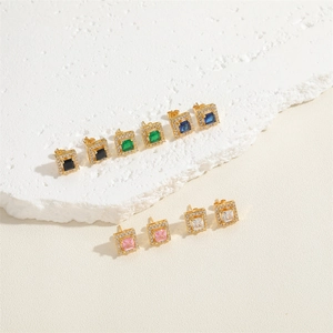 French style square geometric zircon stud earrings set with colorful gemstones and gold plating