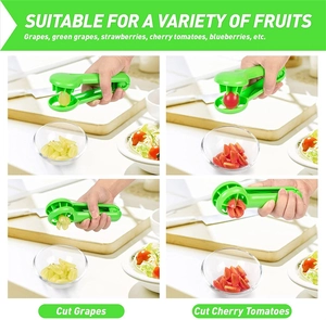Detail guide showing steps for slicing grapes and small fruits with green fruit slicer
