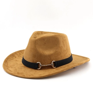 Camel suede western cowboy hat with wide brim and gold horsebit metal buckle detail