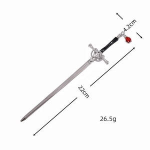 Chinese style sword hair pin in silver alloy with red gemstone ornament and black handle